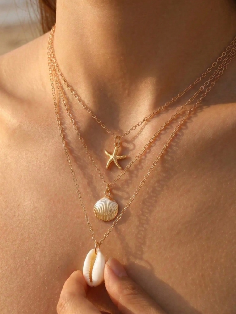 Gold Tone Starfish Shell Multilayer Necklace - Picture 3 of 3